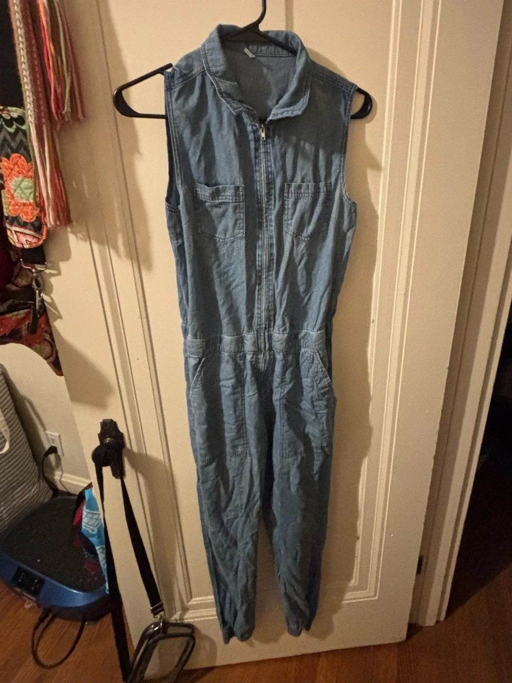 Sleeveless Light Blue Denim Jumpsuit with Front Zip small - Picture 1 of 12